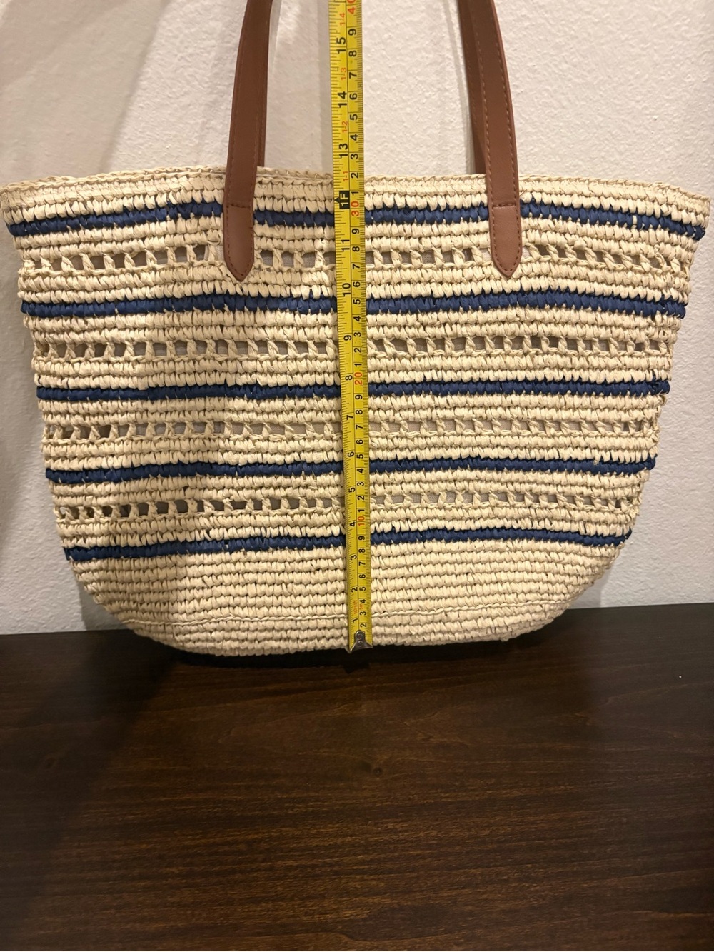 Tommy Bahama Natural Straw Tote with Navy Stripes and Brown Handles - Picture 5 of 5